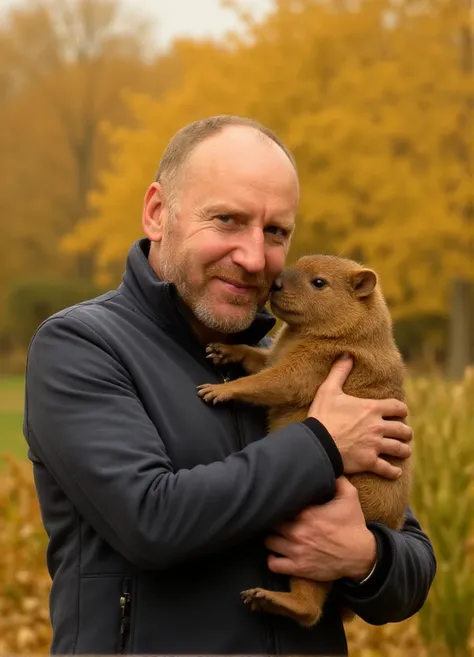 <lora:denissorokin:0.9>  autumn portrait , bald denissorokin, denissorokin man  hugs with cute capybara