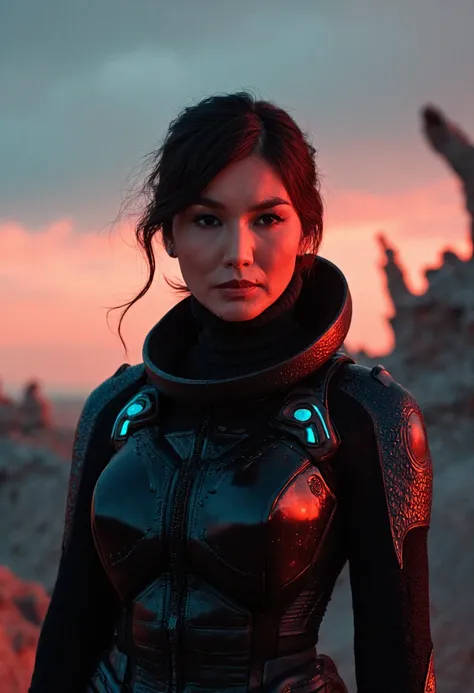 {    "T5": "A breathtaking, cinematic still photograph of Gemma Chan, dressed in a sleek, high-tech, futuristic spacesuit, standing tall and proud amidst the eerie, crimson-hued landscape of an alien planet. Her face is set with a determined expression, he...