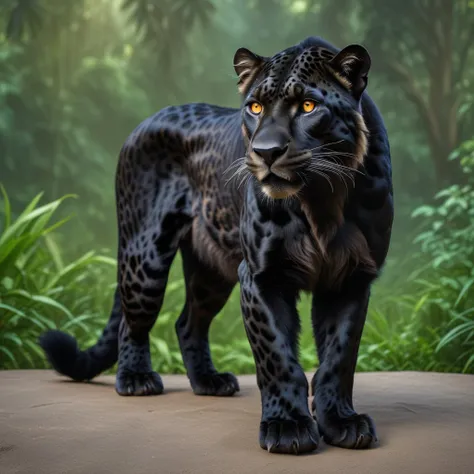 black melanistic leopon, panthera ancestral power animal with characteristics of several modern felines, looks like a leopard lion hybrid, orange eyes, full body, reflection, animal focus