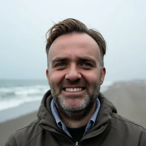 wobus_man, a man on a foggy beach, focus on his face. he has brown hair and he looks happy