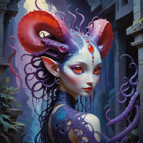 A dark fantasy ethereal face with glowing eyes and intricate designs on its forehead is set against the backdrop of an ancient, Sophisticated animal figure with large, colorful ears, Gecko-inspired figure with exaggerated features and vibrant colors, Anne ...