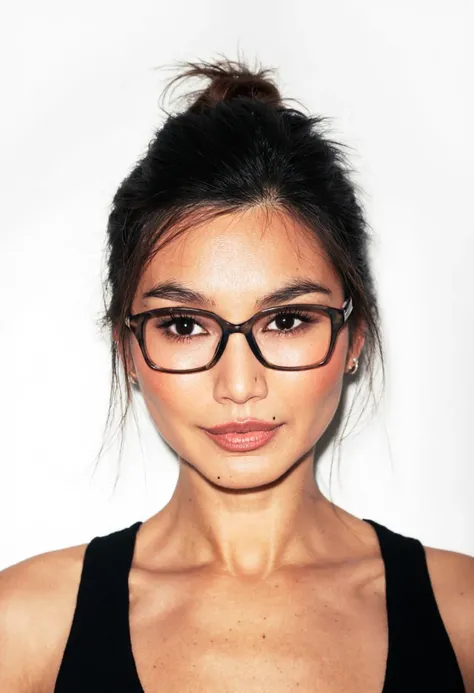 {    "T5": "A stunning, high-fashion photograph of Gemma Chan, shot in a sleek, modern studio setting with a pure white background. Gemmas hair is styled in a chic top bun, with a few loose strands framing her heart-shaped face. She wears a pair of trendy,...