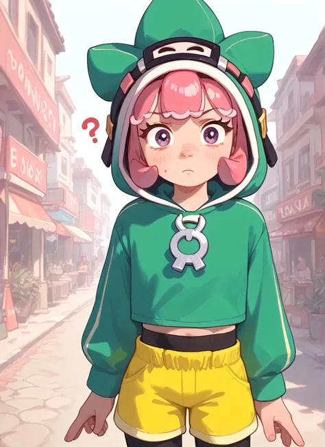 Score_9, Score_8_up, Score_7_up , perfect face ,<lora:tcbonnie:1>  tcbonnie    , 1girl, pink hair, hood , green hoodie, yellow shorts ,black leggings  , confused, looking at viewer,   <lora:PossumMachine:0.9>posmach