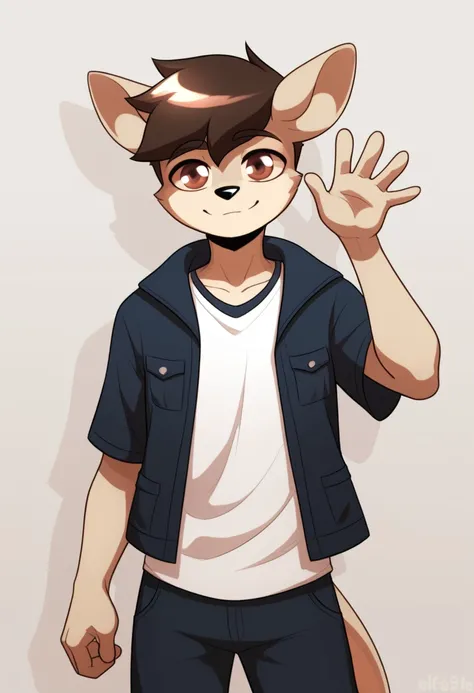 score_9, score_8_up, score_7_up, score_6_up,solo,1boy, joey, furry,anthro,clothed, looking  at viewer, waving at viewer,standing,brown eyes