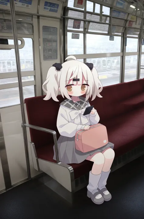 masterpiece, best quality, Nakkar7, photo background, 1girl, solo, twintails, bow, train interior, grey sailor collar, sailor collar, brown eyes, white hair, holding, ahoge, looking at viewer, long sleeves, white bow, sitting, phone, bag, closed mouth, cel...