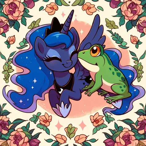 score_9_up, score_8_up, score_7_up, score_6_up, score_5_up, frog, kiss, kissing cheek, princess luna, cute, source_pony, masterpiece, eyes closed, happy