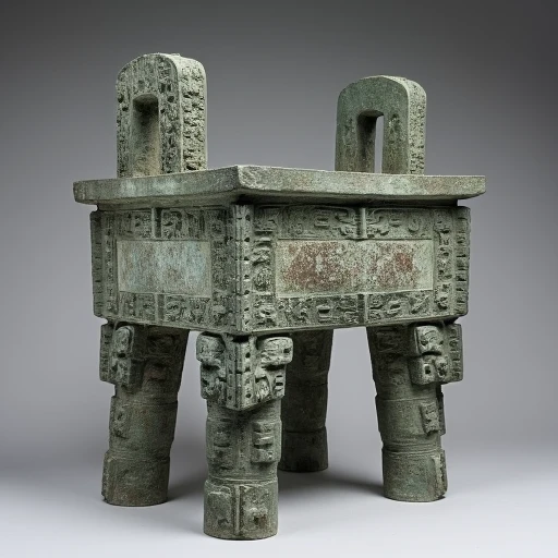 adorned with elaborate, intricately carved legs, suggesting it has aged over time. The surface features intricate, ancient Chinese motifs. The motifs include stylized geometric patterns, as well as what appear to be animal or mythical creature designs., ra...