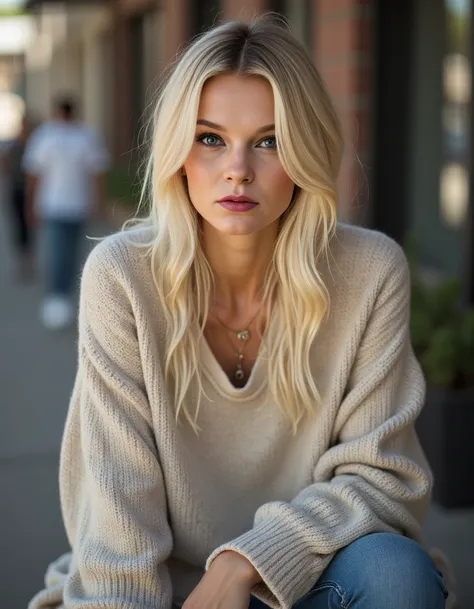 portrait of a beautiful platinum-blonde supermodel woman, her skin has a high detailed texture and shows details like moles, small hairs and pores. She is wearing a casual coffee date look with a soft, oversized sweater, skinny jeans, and ankle boots, acce...