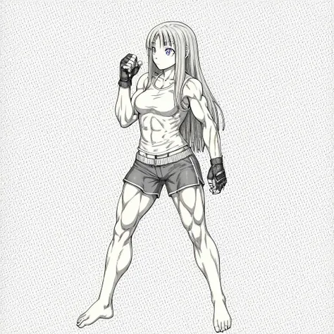 shirt, muscular, barefoot, simple background, long hair, fingerless gloves, greyscale, blue eyes, breasts, closed mouth