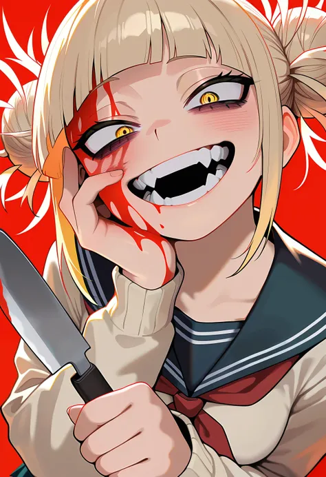 masterpiece, best quality, amazing quality, very aesthetic, absurdres,  newest,,  1girl, toga himiko, boku no hero academia,  teeth,open mouth, blood on face, smile, double bun,  crazy eyes, holding knife, hand on own cheek, upper body, school uniform, red...