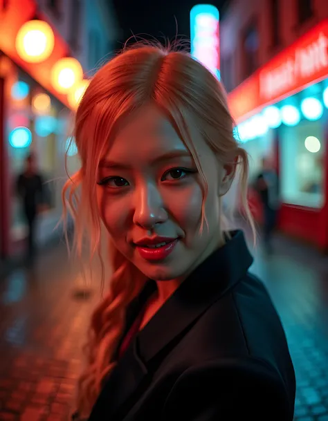 In a surreal, noir-inspired scene, a sultry blonde woman named BPR05E, her long, wavy hair cascading down her back like liquid silver, strikes an enigmatic pose with a seductive, closed-eyed smile playing upon her flawless features. Her lips, a perfect ble...