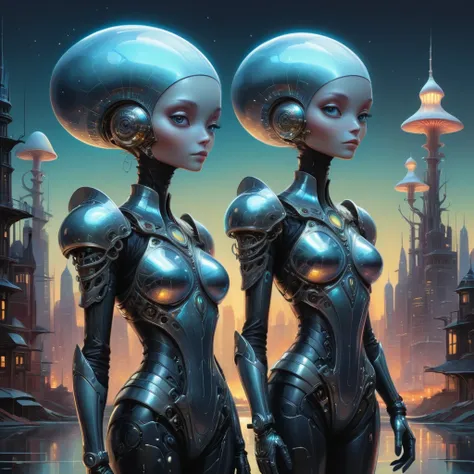 Two elegant aliens with white mushroom-shaped heads, Stylized alien character with intricate mechanical details, Sparrow, Skottie Young, Loish, Dino Valls, abstract shapes in gradient colors, with metallic and iridescent highlights, A cityscape glowing fai...