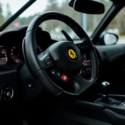 close-up of the vehicle,vehicle focus,no humans,car,motor vehicle,ground vehicle,solo,steering wheel,blurry,science fiction,robot,signature,yellow eyes,realistic,wheel,blurry background,