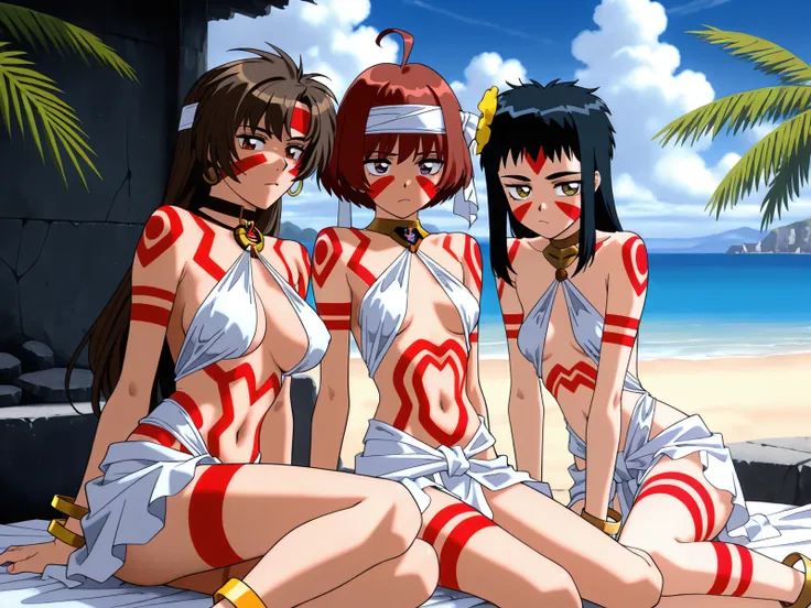 three women in bikinis sitting on a beach with a palm tree