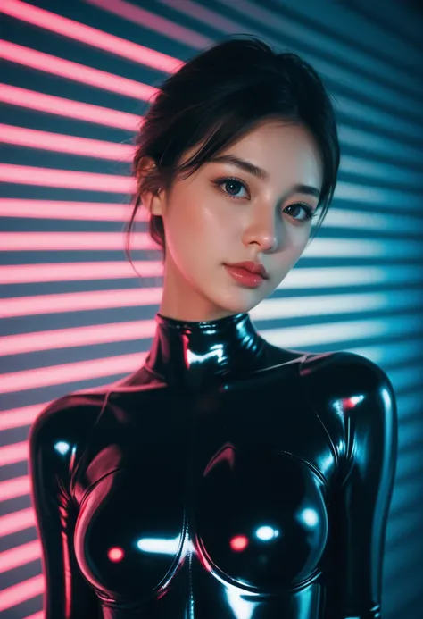 score_9, score_8_up, score_7_up, score_6_up, realistic, photo, dynamic angle, dramatic shadows, cinematic lighting,BREAK, a cute woman, looking at viewer, wearing glowing neon black latex bodysuit, sharp focus, shot on canon, neon colors, backlit, rim ligh...