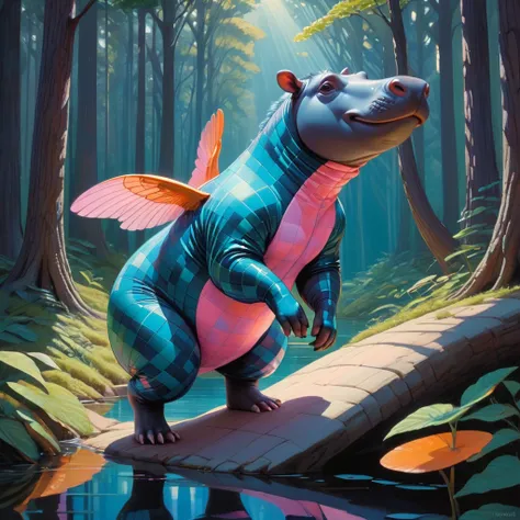 Hippo, She has orange and teal scales with green wings, A cute female skunk in a blue and pink checkered bodysuit, WLOP, Syd Mead, Jacek Yerka, with a sharp contrast between light and shadow, portrays a serene, centered composition, drawing inspiration fro...