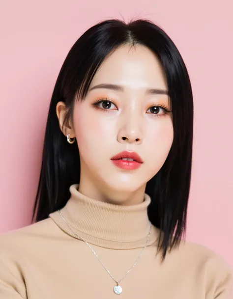 A digital rendering of a young Asian woman with a smooth, fair complexion and straight, shoulder-length black hair. Her facial features include almond-shaped brown eyes, a small nose, and full lips. She wears a beige, high-collared turtleneck sweater and a...