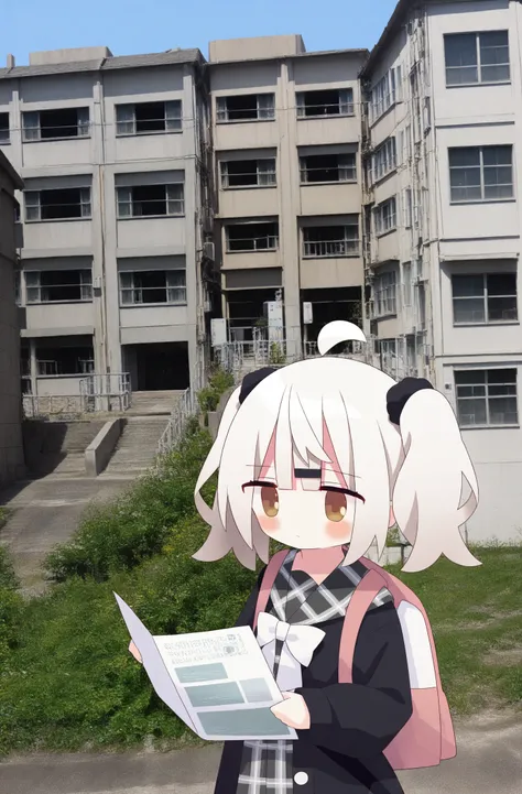 masterpiece, best quality, Nakkar7, photo background, 1girl, backpack, solo, bag, twintails, holding, outdoors, white hair, day, brown eyes, plaid, long sleeves, blush, black cardigan, closed mouth, black jacket, reading, upper body, ahoge, sky, building, ...