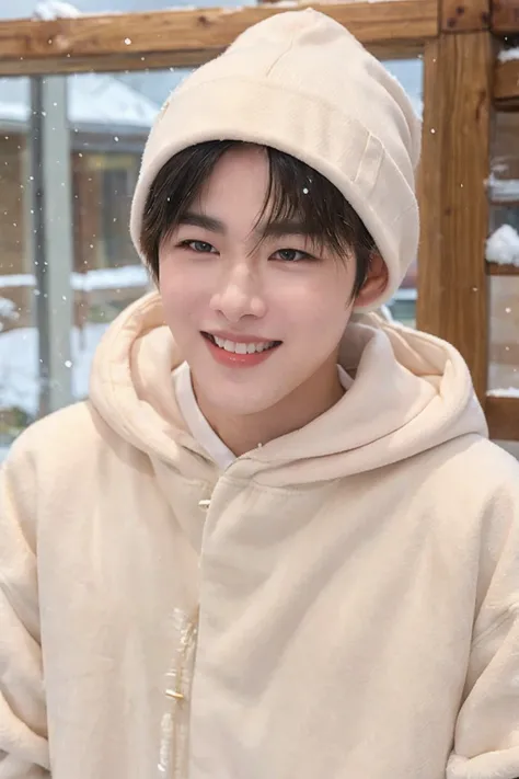 closeup portrait, 1boy, male focus, short hair, smile, teeth, wearing a cozy hoodie, winter season, cold breath visible in the air, soft expression, hands in pockets for warmth, snow-covered background, gentle snowfall, warm clothing, layered outfit, detai...