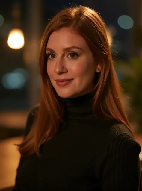 portrait of m4r1n4ru1b woman, posing on a office at night, serene and warm, natural lighting, soft focus, high-resolution, elegant and introspective atmosphere, quiet sophistication, wearing a turtleneck yarn blouse, slight smile

