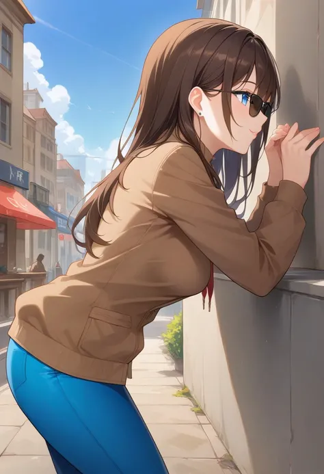 Masterpiece, High quality, OC, Female Adult woman, 1girl, solo, long dark brown hair with front section brushed to the right side, shoulder-length bangs, rest of hair hanging straight down, blue eyes, black sunglasses, medium breasts, skinny build, brown j...