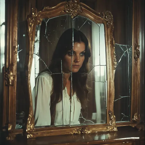 <lora:70sHorrorMovie2:1> ArsMovieStill, movie still from a 1970s horror movie, The image is a close-up of a mirror with a broken glass frame. The mirror is placed on a wooden table and the reflection of a young woman is visible in the glass. The woman has ...