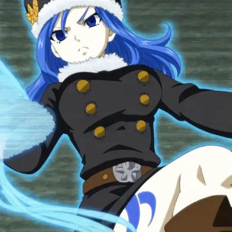 1girl, exposed leg, long black dress, black coat, white fur trimmings, yellow butterfly on hat, fur lining near neck, long blue hair, blue eyes, Juvia, blue tattoo on leg brown boots, long sleeves, brown belt, gold buttons on coat, Russian-styled blue hat