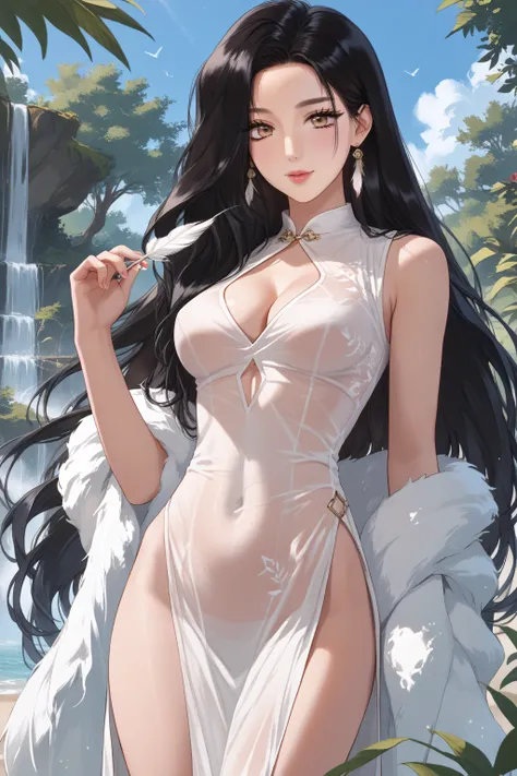 score_9, score_8_up, score_7_up, score_6_up, source_anime, BREAK, <lora:Zheng Shuyi-PonyXL-lora-Faxtron:1> zheng shuyi, black hair, long hair,  <lora:0918 Transparent cheongsam_v1_pony:1> ruanyi0918,side slit,feather boa,sleeveless,see-through,cleavage cut...