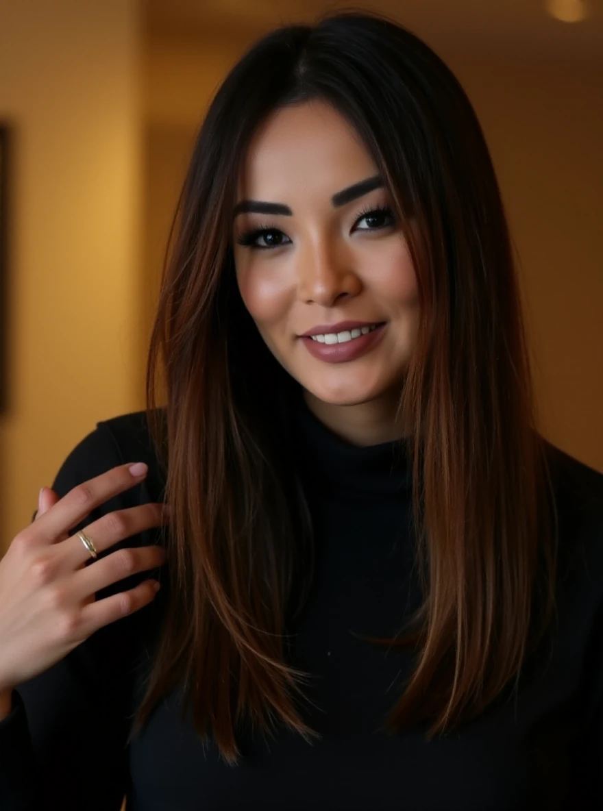 portrait of c4r0ln4k4mur4 woman, posing on a office at night, serene and warm, natural lighting, soft focus, high-resolution, elegant and introspective atmosphere, quiet sophistication, wearing a turtleneck yarn blouse, slight smile

