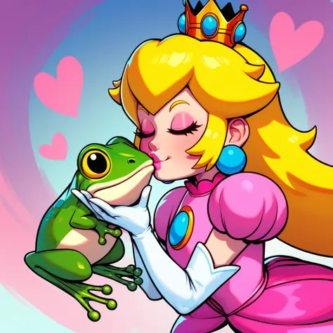 score_9_up,score_8_up,score_7_up,score_6_up, score_5_up, frog, kissing cheek, cute, princess peach, smile, eyes closed, holding frog, elbow gloves, (crown), flat color