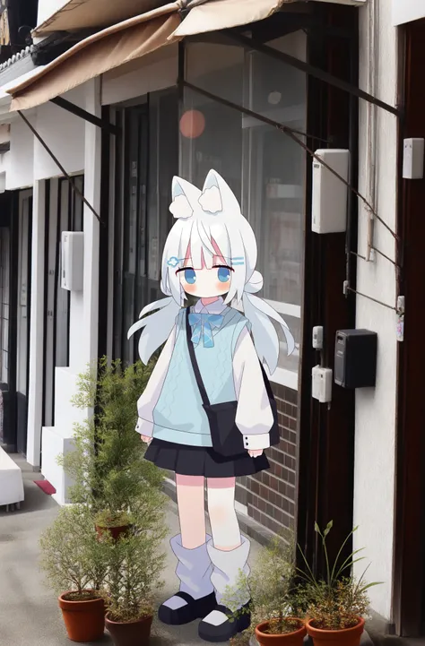 masterpiece, best quality, Nakkar7, photo background, 1girl, loose socks, animal ears, twintails, solo, socks, skirt, black footwear, blue eyes, shoes, shirt, puffy long sleeves, long sleeves, shoulder bag, blue bow, bag, hair ornament, bow, white shirt, p...