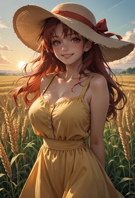 score_9, score_8_up, score_7_up, score_6_up, 1girl, solo,  shnochru, red hair, long hair, red eyes, large breasts, yellow sundress, sun hat, arms behind back, field, wheat, sunset, looking at you, smile, blush