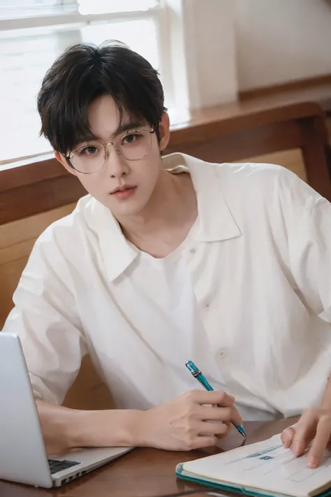 1boy, male focus, short hair, white shirt, texture, light and shadow, warmth, photography, light feeling, fresh, watch, wristwatch, glasses, laptop, computer, black hair, solo, shirt, bottle, water bottle, bookshelf, book, indoors, chair, holding, table, s...