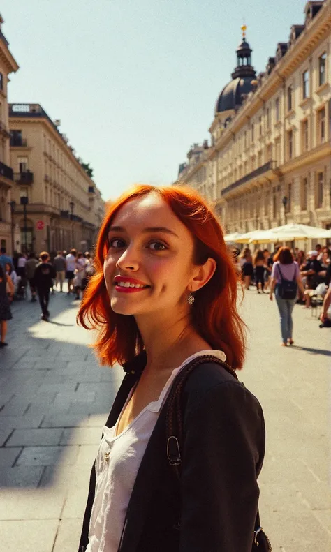 An analogue photo of (sks woman:1) photo border, shoulder-length red hair, visiting tourist spots around the world