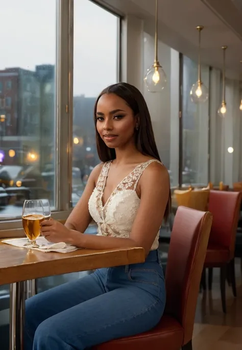 <lora:Chelsea_Manalo:1> Chelsea, a woman, sitting in a restaurant, romantic lighting, windows, deep depth of field and focal blur