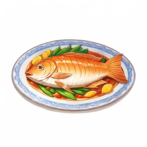 ((( White background, simple background))),masterpiece,best quality,great quality,good quality,gmic (2dguofeng),There is a fish on the plate,white background,simple background,<lora:gmic icon_food category-000012:0.55>,