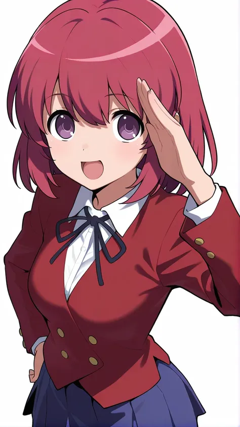 masterpiece,best quality,high resolution,absurdres,Kushieda Minori, 1girl, solo, oohashi high school uniform, school uniform, red hair, hand on own hip, white background, short hair, salute, simple background, smile, open mouth, skirt, red jacket, jacket, ...