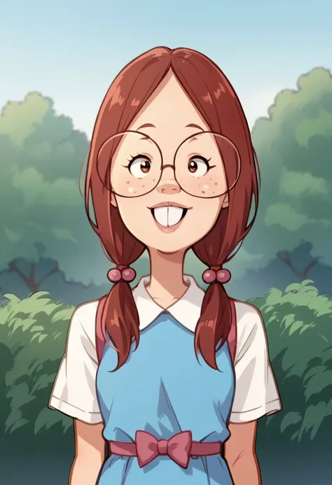 score_9, score_8_up, score_7_up, score_6_up, source cartoon, anime screenshot, anime screencap, gretchen, 1girl , solo female,  buck teeth, freckles, glasses, school uniform,smile, outdoors, looking at viewer, upper body, red hair, twin tails, hair bobbles...