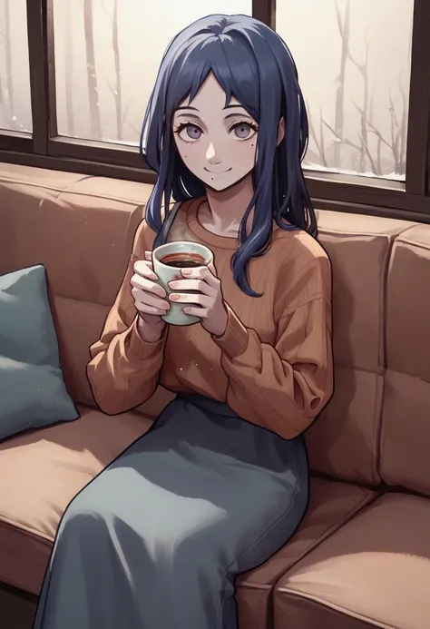 score_9,score_8_up,score_7_up,score_6_up,source anime BREAK, 1girl, stc, solo, long hair, mole, sweater, dress, sitting on a sofa, living room, holding tea, smile, looking at viewer