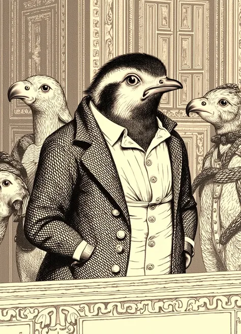 aviary attorney style, a bird in a suit stands at a bar surrounded by other smartly dressed animals