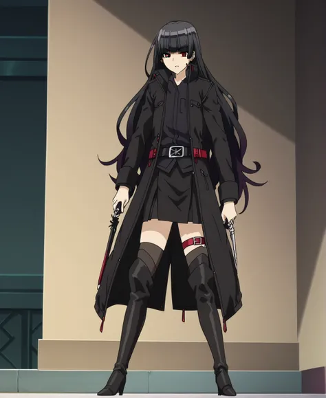 natsuno kirihime, 1girl, solo, red eyes, black hair, long hair, earrings, hime cut, blunt bangs, very long hair, jacket, shirt, thighhighs, boots, thigh boots, coat, black footwear, skirt, thigh strap, belt, black coat, black skirt, open coat, zettai ryoui...