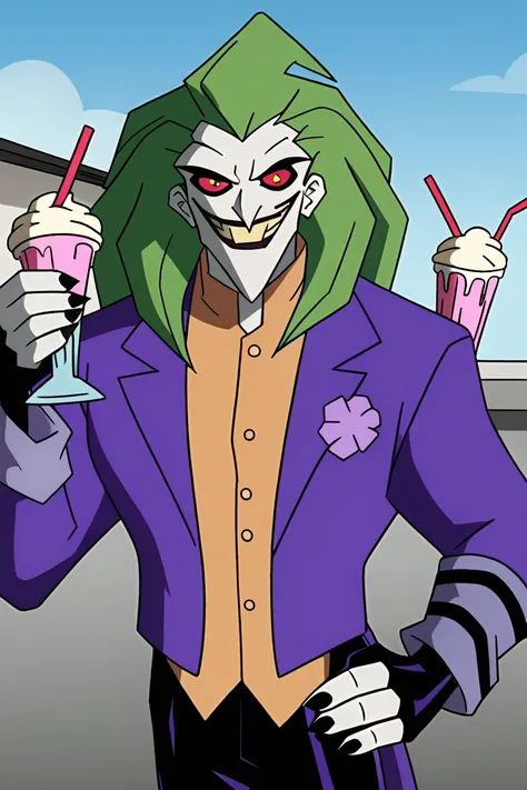 the_joker, 1boy, solo, male focus, green hair, transparent background, red eyes, smile, hand on hip, grin, shirt, jacket, purple jacket, looking at viewer, day,holding,milkshake,smile