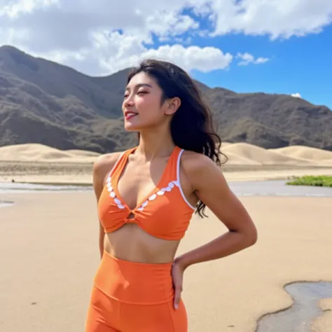 A model is standing on the beach wearing an orange sports bra featuring a scoop neckline and scalloped edges, as well as matching high-waisted leggings. She is posing with one hand on her hip and the other behind her back while facing the sun with her eyes...