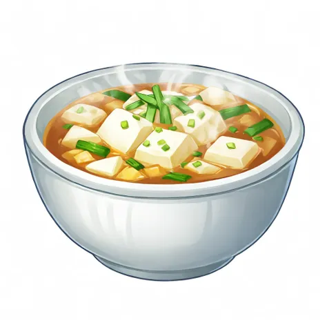 ((( white background, simple background))),the bowl is filled with tofu and thick soup, scallions,good quality,gmic \(2dguofeng\...