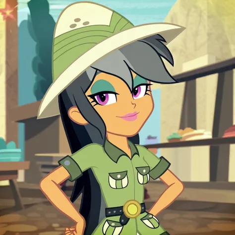 score_9, score_8, score_7, daring do, solo, upper body, cowboy shot, eyeshadow, pink lips, lipstick, smile, shorts, pith helmet, looking at viewer, best quality, hd, highly detailed, cinematic quality, 4k, 8k, high detail, source_anime