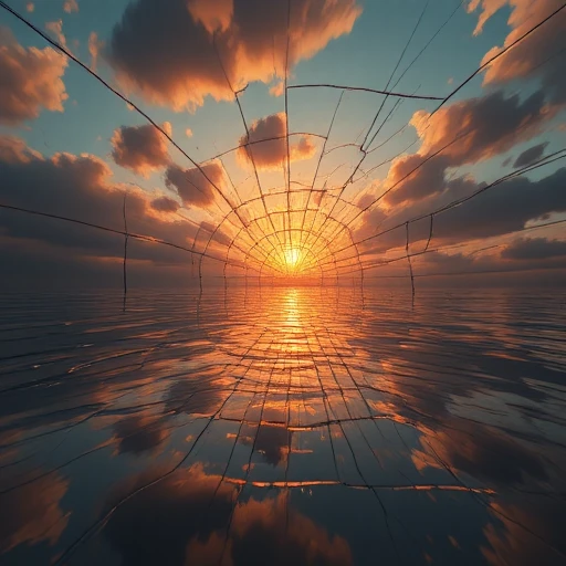 Brightness illusions that simulate hidden layers or alternate planes beneath the surface., A cracked mirror reflecting a radiant sunrise