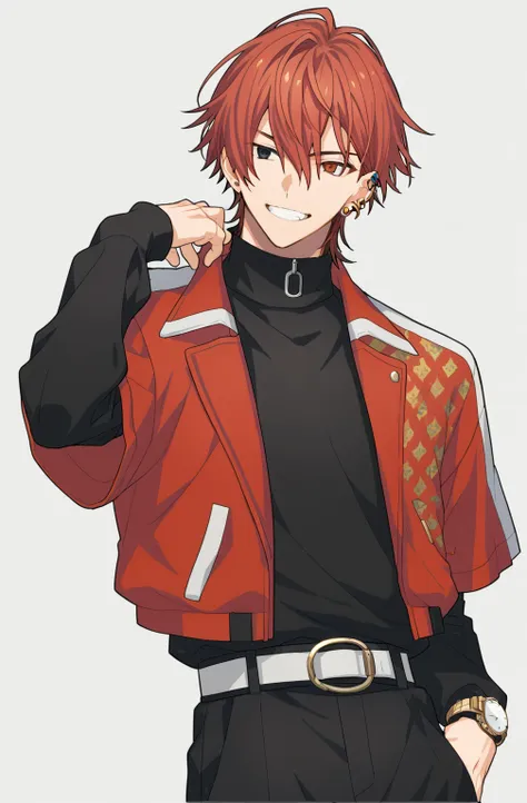 1boy, solo_focus, score_9_up, score_8_up, score_7_up, source_anime, nishizono renga, red hair, hair between eyes, black eyes, dark red eyes, heterochromia, turtleneck, skintight, red jacket, layered sleeves, belt, black pants, earrings, teenager, smile, un...