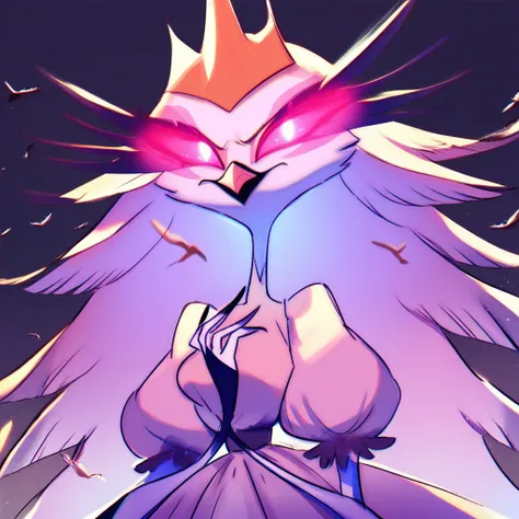 score_9, score_8_up, score_7_up, source:anime, solo, open_mouth, 1girl, StellaXL, glowing_eyes, white_background, crown, dress, glowing, simple_background, long_hair, looking_at_viewer, puffy_sleeves, bird, pink_eyes