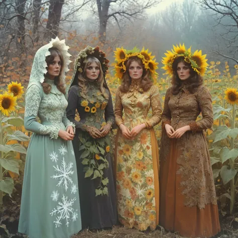 <lora:70sHorrorMovie2SDXL:1> ArsMovieStill, movie still from a 1970s horror movie, Four women representing the seasons, each dressed in richly detailed garments. They stand intertwined with the natural elements of their seasonsâspring blossoms, summer su...