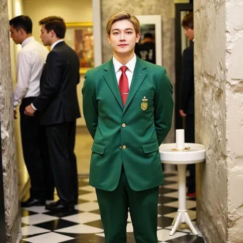 A blonde man is the central focus of the image, seen wearing a green three-piece suit consisting of a long-sleeved green shirt, a matching green vest, and green trousers. He complements his attire with a red necktie. His hands are positioned behind his bac...